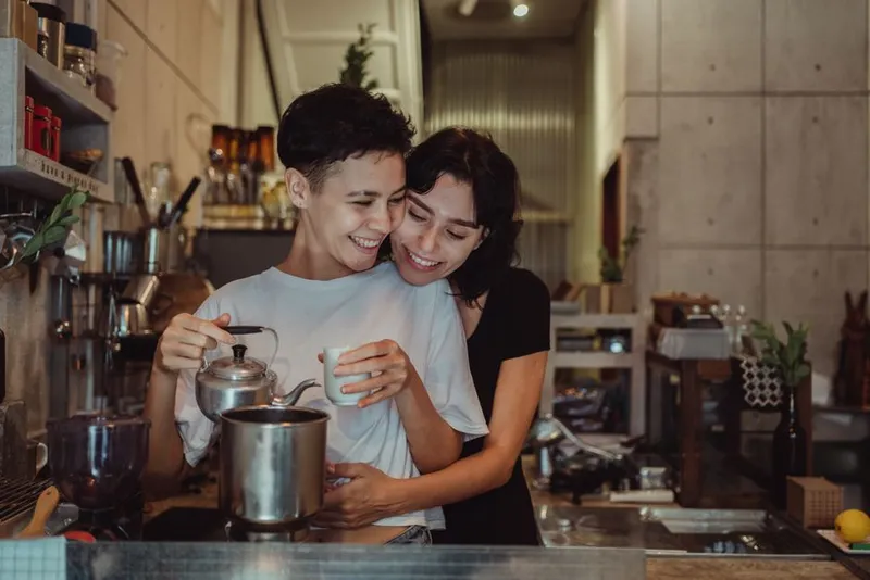 Couple sitting calmly together with tea