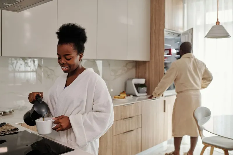Couple sharing a quiet morning routine together at home